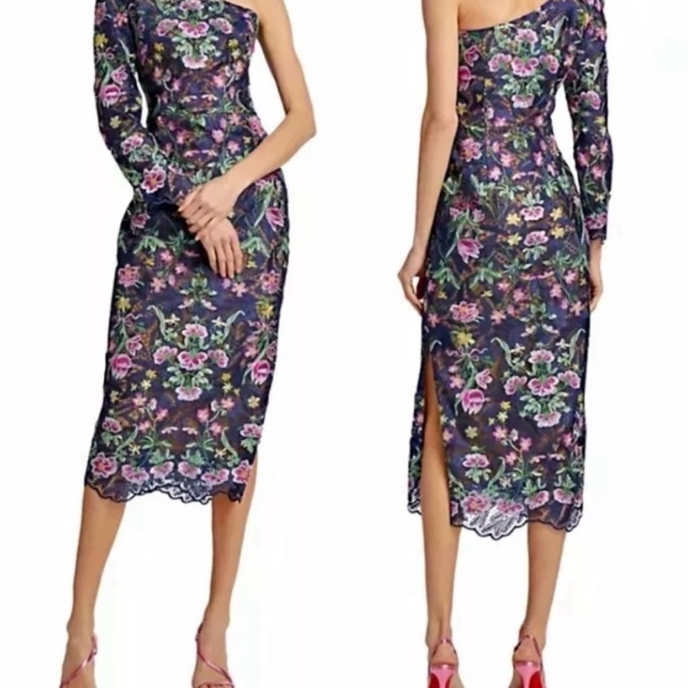 Marchesa Notte Alexis Floral Embroidered one shoulder midi dress